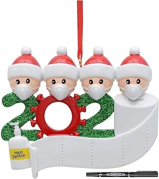 Personalized Name Ornament kit People with Face Mask, Sign Name by Yourself, 2020 Quarantine Family Customized Christmas Tree Decorative Hanging Ornaments Kit People of 4