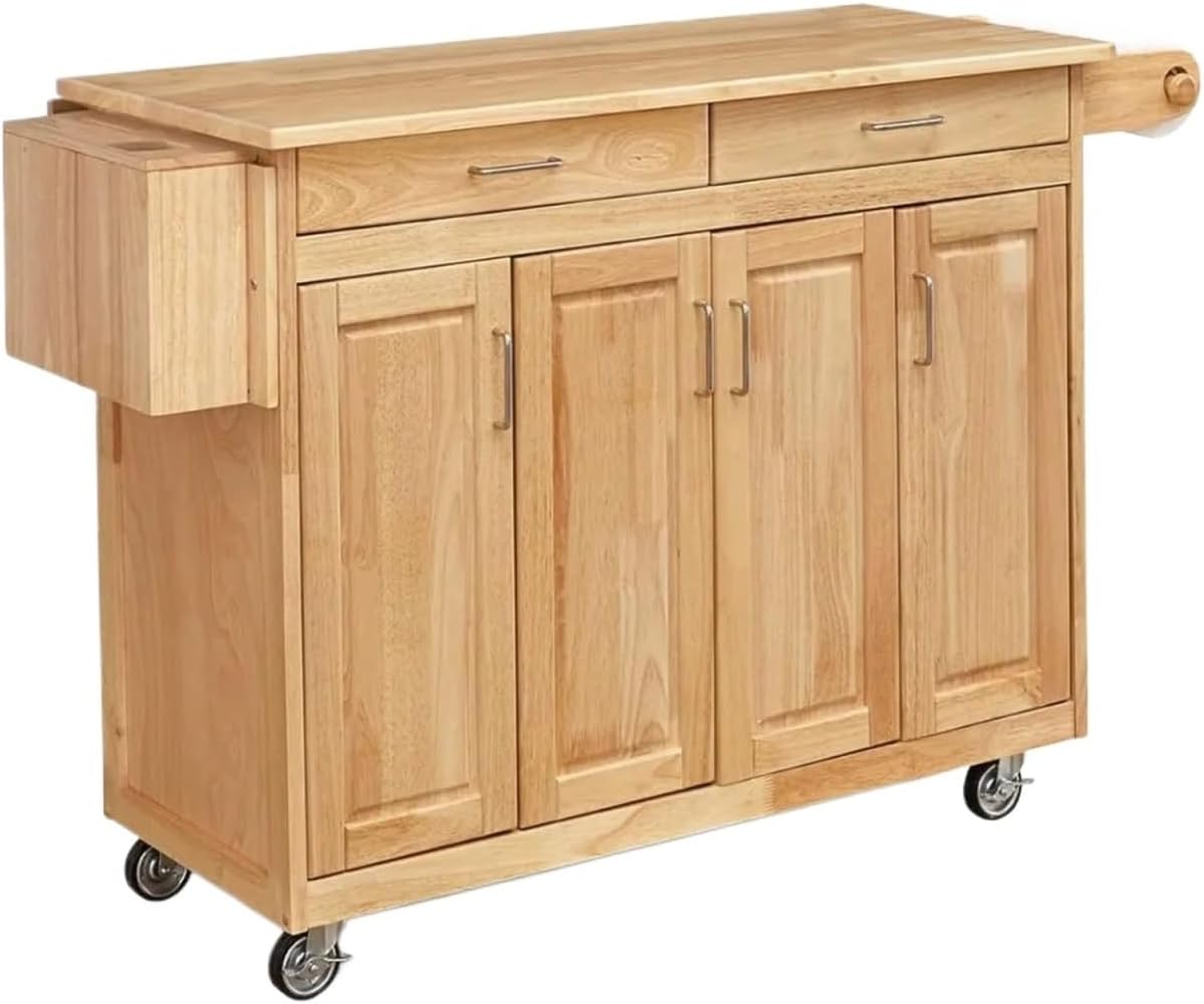 Storage Trolley Kitchen Mobile Cart with Drop Leaf Breakfast Bar, 54 Inches Wide,Natural Hardwood Shelving Organizer