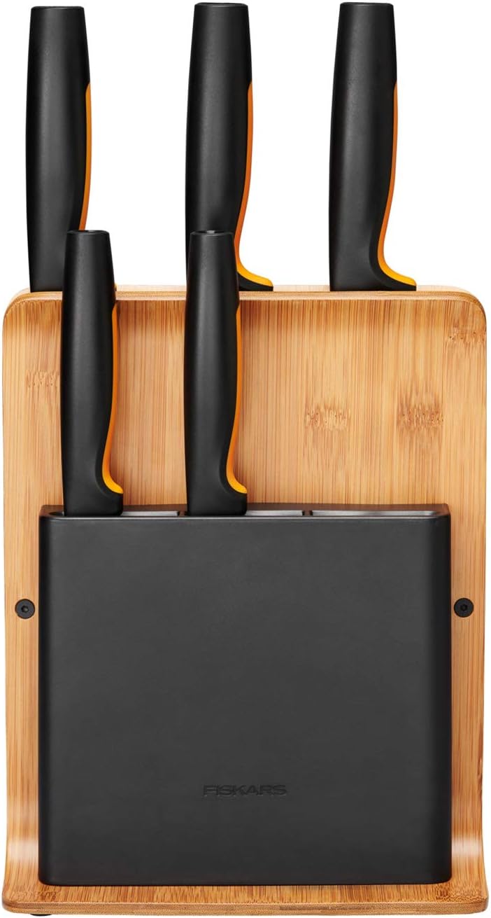 Hot Deals Fiskars Bamboo Design Knife Block with 5 Knives, Functional Form, Including Vegetable Knife, Tomato Knife, Santoku Chef's Knife, Chef's Knife and Bread Knife, Bamboo/Plastic, 1057552