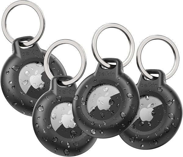 Belkin Secure Holder impermeabile con anello portachiavi per Apple AirTag, custodia protettiva per AirTag resistente e antigraffio, per collare degli animali, valigie, zaini - Nero pacco da 4, Buio