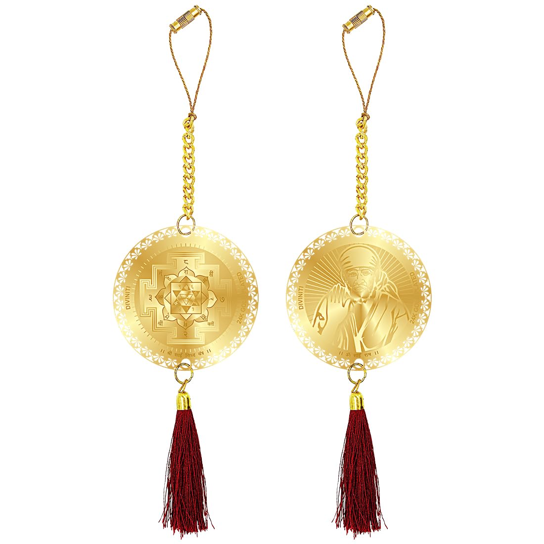Diviniti 24K Gold Plated Double Sided Sai Baba and Yantra Car Hanging Sai Baba Dangler Interior Decor Luxurious Gold Plated Hangings Divine Car Accessories for Positive Energy Protection