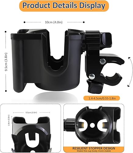 Miniatura 6 de Portavasos universal para cochecito con soporte para teléfono, soporte giratorio de 360 con clip fuerte, accesorios para cochecito, bicicleta, silla