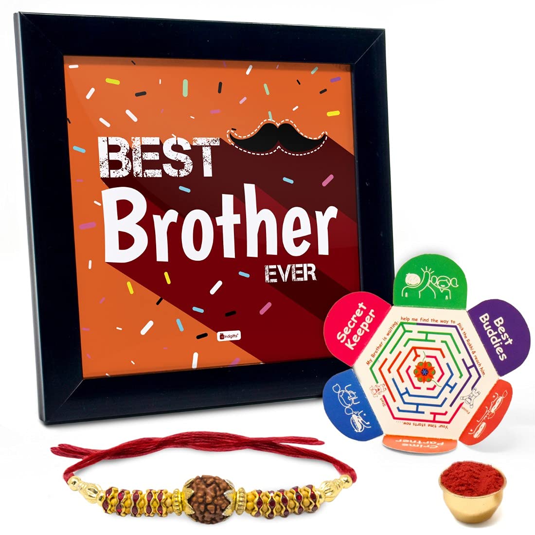 Indigifts Best Brother Ever Quote Printed Gift Set Of Poster Frame 8X8 Inches, Crystal Rakhi,Roli, Chawal & Greeting Card For Men/Boys