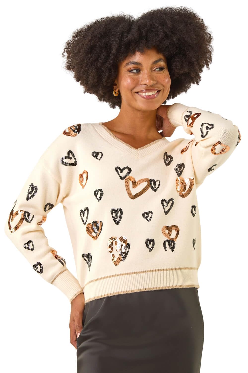 Roman Women's Ivory Scattered Heart V-Neck Knit Jumper In Size 16