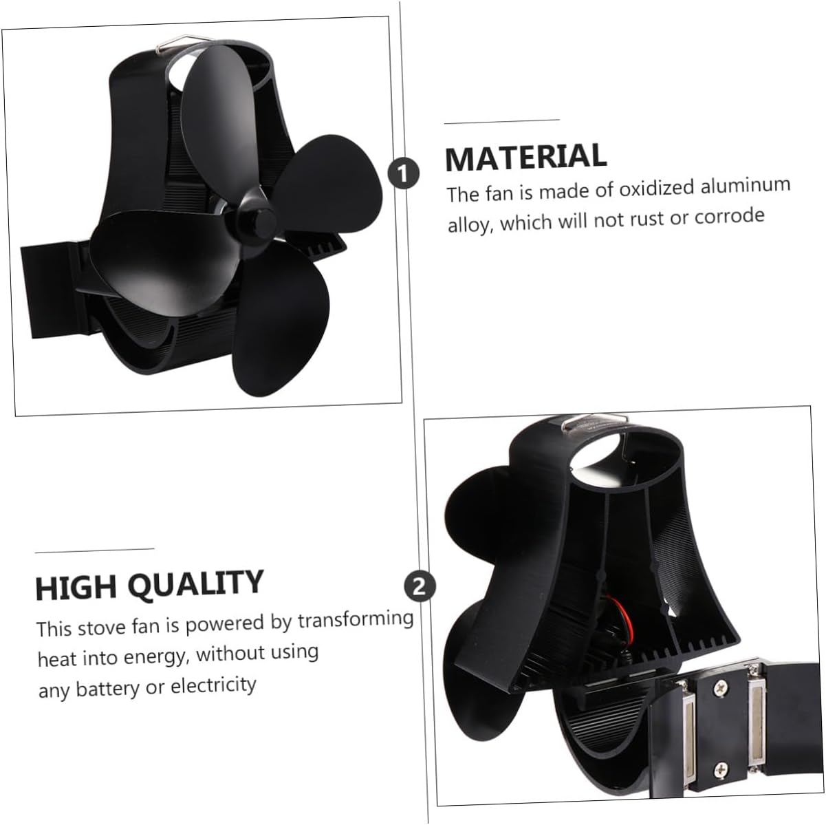 Thermal Power Fireplace Stove Fan with 4 Blades, Black Heat Powered Wood Burner Fan, Magnetic High-temperature Motor for Efficient Heat Circulation