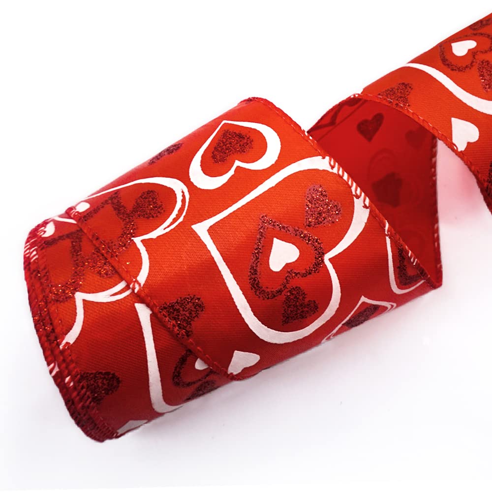 Valentines Fabric Ribbons, Red Glitter Love Heart Edge Wired Burlap Ribbon for Valentine's Day Hanging Wrapping Party Gift Decoration Indoor Outdoor Tree Crafts Supplies (2.5 Inch * 10 Yards * 1 Roll)