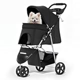 MoNiBloom Foldable Pet Stroller with Weather Cover, 3 Wheels Pet Strolling Cart for Small/Medium Dogs and Cats with Storage Basket and Cup Holder, Breathable and Visible Mesh for All-Season, Black