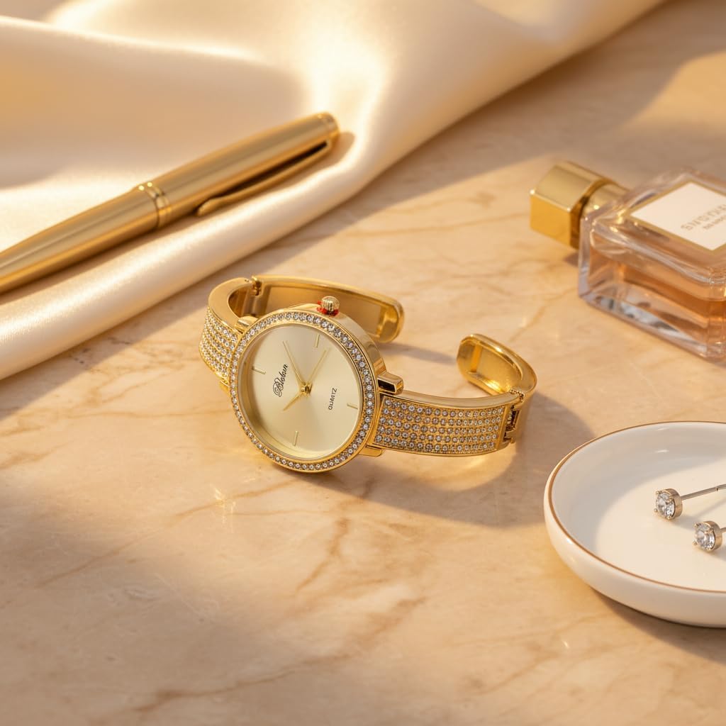 Blekon Collections Women's Fashion Watch - 32mm Rhinestone Bezel & Semi Cuff Bangle - A Stylish Timepiece Infused with Radiant Elegance, Perfect for Effortless Fashion and Glamorous Sophistication.
