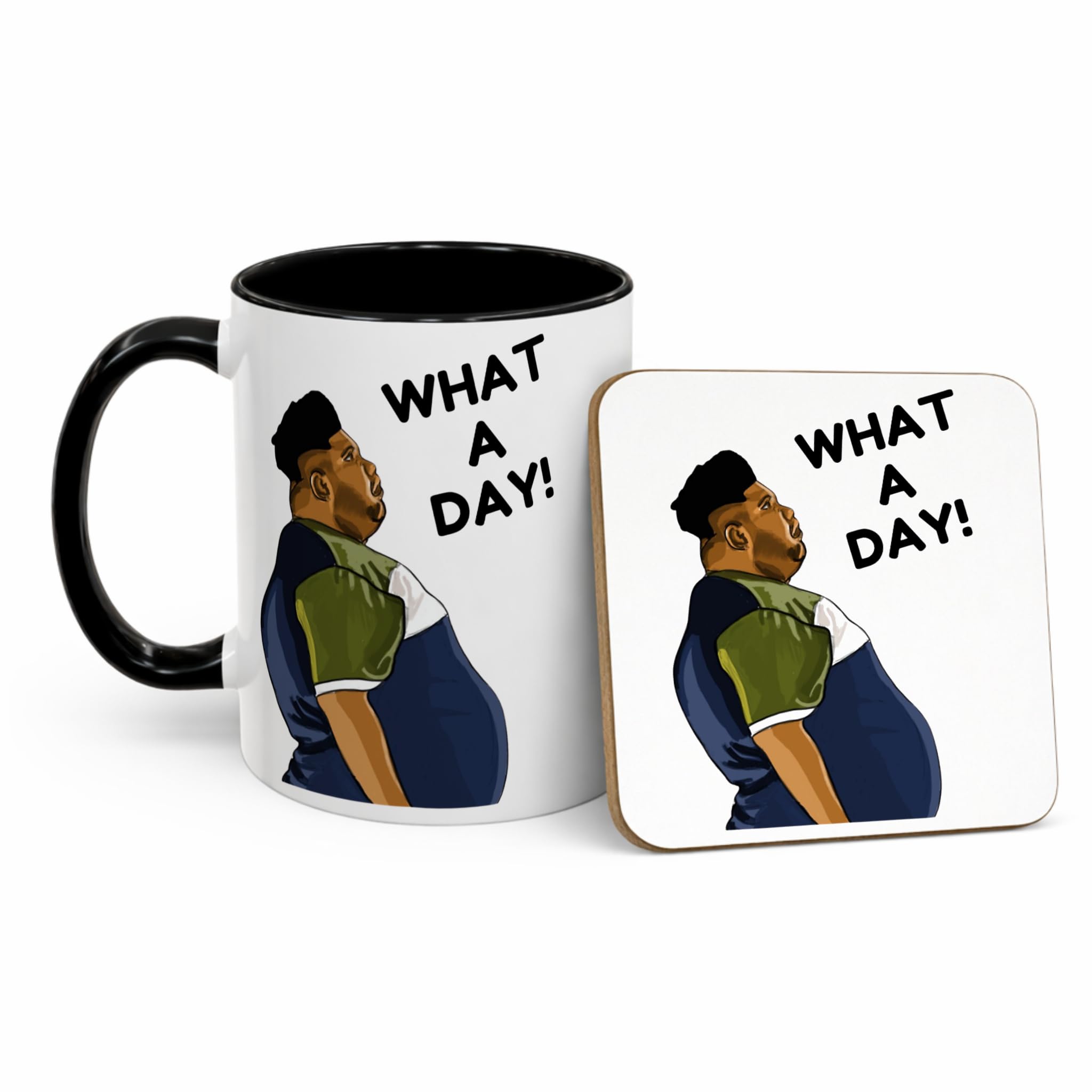 Funny What A Day Work Mug, Novelty Harvey Price Viral Meme, Office Humour Coffee Cup, Bad Day Mug, Gift for Colleague, Friend, Him or Her (Mug & Coaster Set, 11oz Black)
