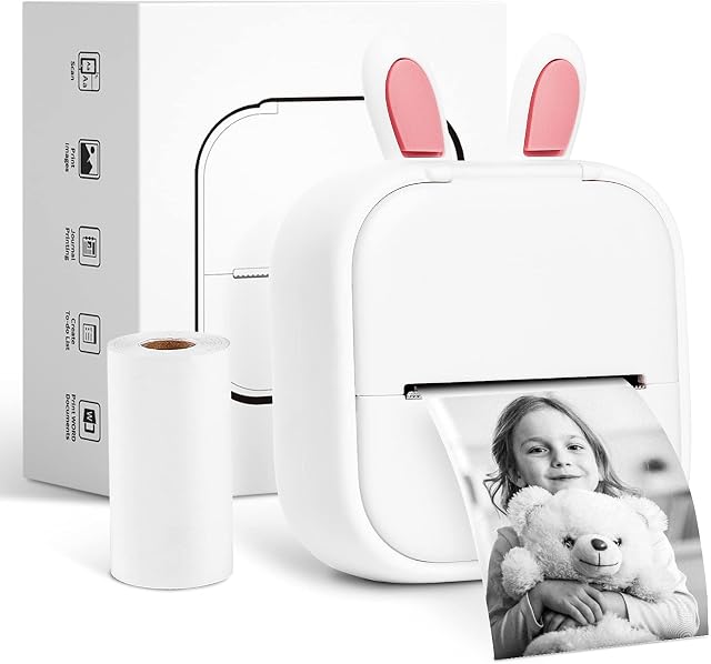 Memoking Mini Printer T02 Bluetooth Inkless Instant Photo Printer, Small Thermal Pocket Sticker Printer, Portable Mobile Phone Picture Printer, for Kids Birthday, Children, White