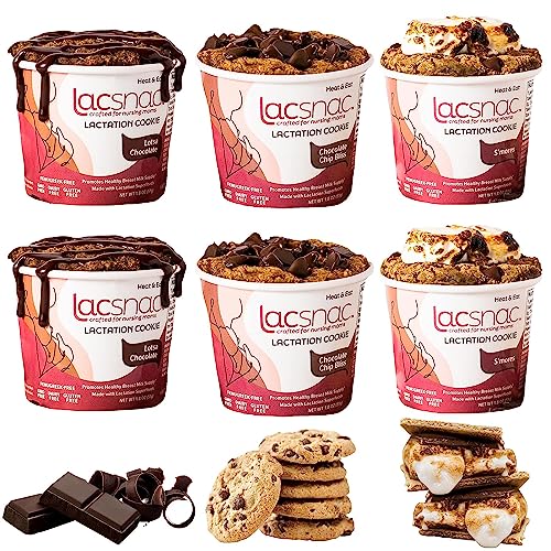 Image of Lacsnac Lactation Cookie Cup Variety Pack - Chocolate Chip Bliss, Lotsa Chocolate, S'mores (1.8 oz, Pack of 6) for Nursing Moms - Made With Flax Seeds, Brewer’s Yeast, Spinach - Promotes Lactation Support & Healthy Breast Milk Supply - GMO-free, Gluten-free, Dairy-free