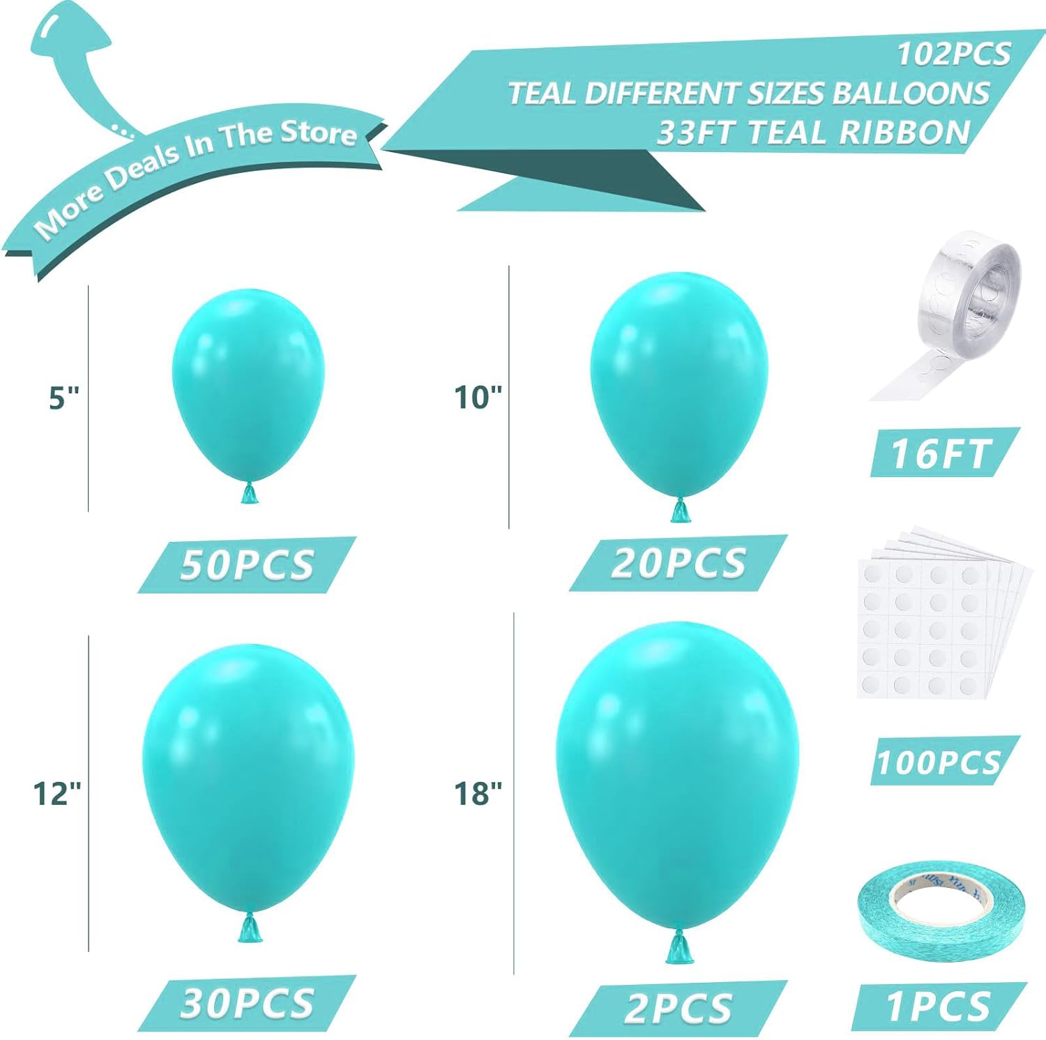NISOCY Teal Latex Balloons Arch Kit, 102PCS 18In 12In 10In 5In Turquoise Arch Garland for Birthday Baby Shower Mermaid Unicorn Under the Sea Beach Nautical Teal Theme Party Decoration with 33ft Ribbon - Image 2