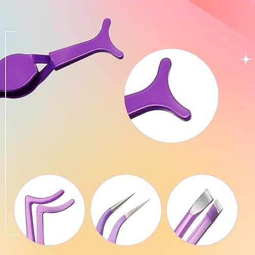 Miniatura 3 de Gisafai 6 herramientas aplicadoras de pestañas, pinzas de pestañas moradas para extensiones de pestañas, pinzas rectas y curvadas para pestañas