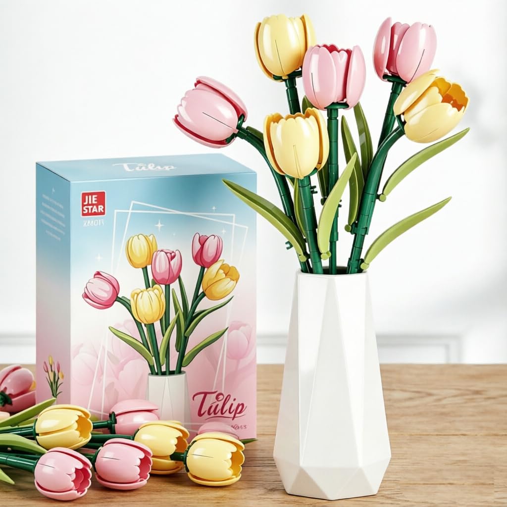 Tulip Flower Bouquet Building Blocks Set, DIY 6PCS Brick Flowers for Home Room Décor Mother's Day Christmas Birthday, Gift for Adults and Kids (Tulip(& vase))