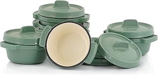 BBQ-Toro Mini Cocotte zestaw (6 sztuk) | 6 x 250 ml - zielony | emaliowany | Mini Dutch Oven Set, żeliwne garnki do serwowania, garnek do gotowania mały garnek do pieczenia żeliwny garnek do pieczenia