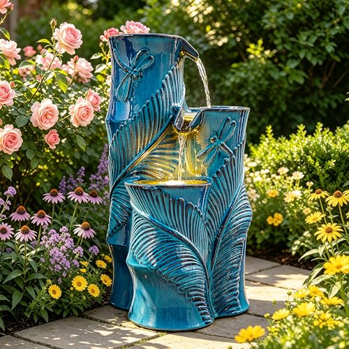 Autodaya Ceramic Outdoor Water Fountain with LED Lights, 25.5" H 3-Tier Bamboo-Style Water Feature with Tropical Leaf & Dragonfly Texture, Soothing Cascading Waterfall for Garden Patio Yard Oasis