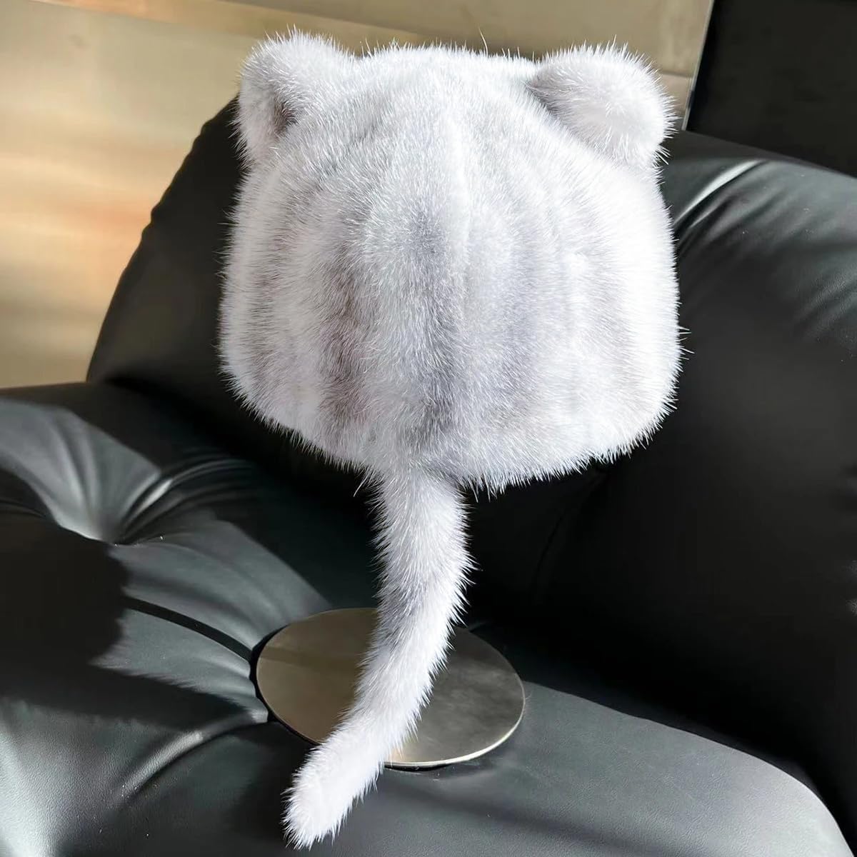Queenbox Artificial Cat Fur Ear Tail Hat Cute Winter Warm Furry Trapper Short Brim Cap for Cold Weather Halloween Costume, White Grey