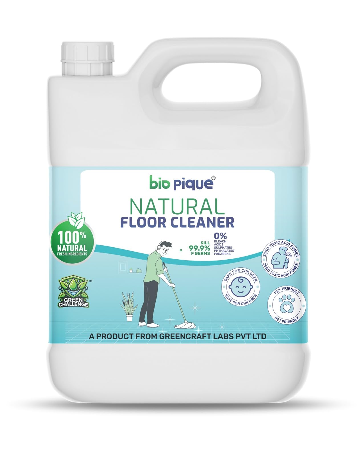 Bio Pique Natural Floor Cleaner Liquid 5L with Lemongrass Freshness, Germ Control Formula, Bleach and Acid Free Surface Cleaner, Eco Friendly Pet and Kid Safe Solution for Daily Floor Care