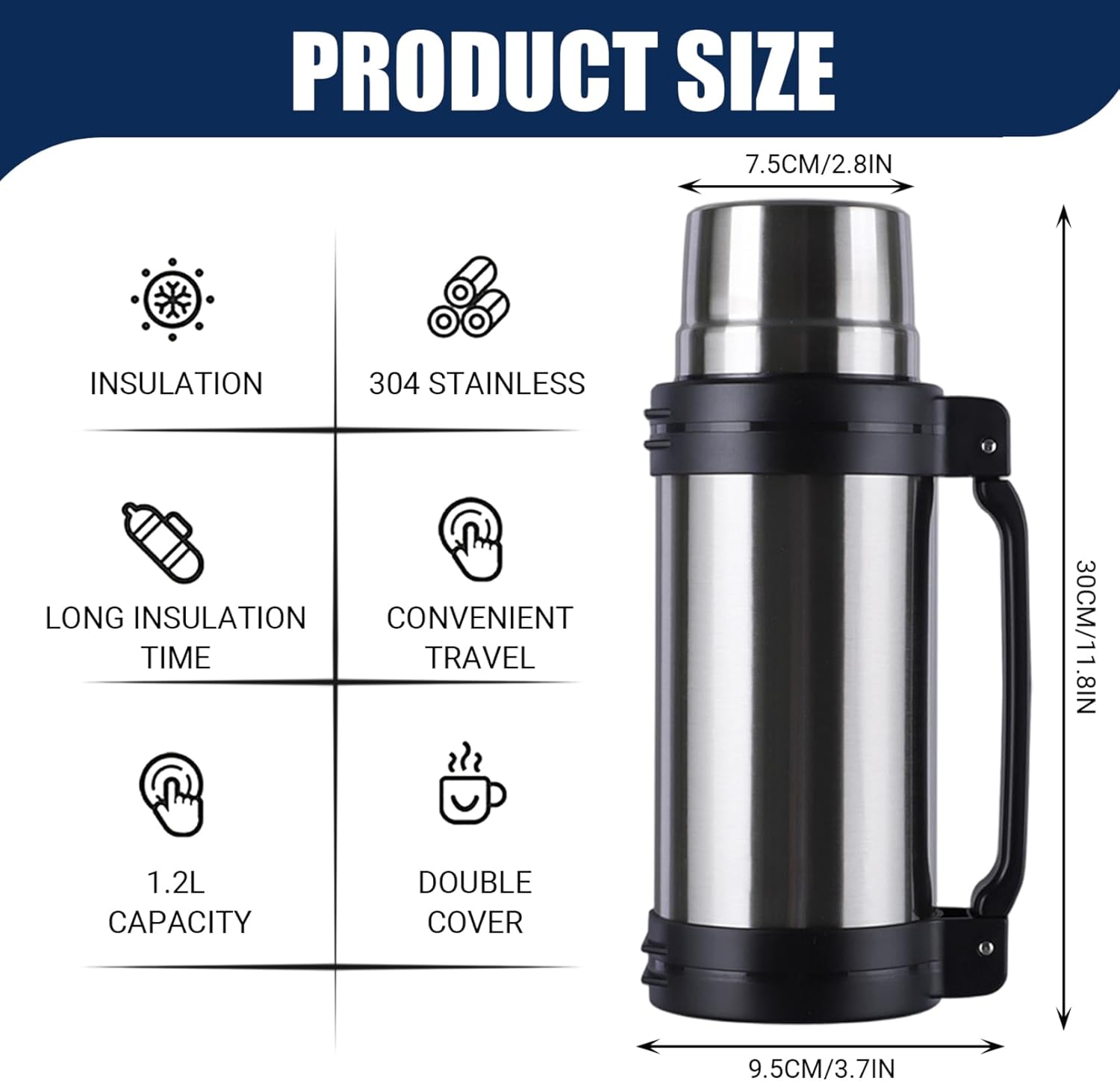 Thermo Flask 2L Leakproof Insulated Water Bottle Stainless Steel with Handle & Cup Portable Large Flask ideal for Hot & Cold Drinks