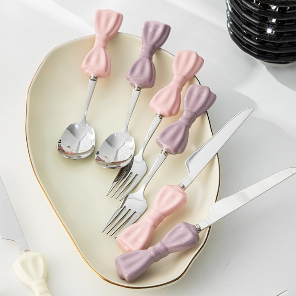 Bowknot Manico in Ceramica Cucina in Acciaio Inox Argenteria Stoviglie Posate Set Posate Bistecca Coltello Forchetta Cucchiaio Cucchiaio Cucchiaino (Nero,12 pezzi)
