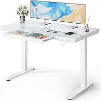 Marsail 48x24 Glass Electric Standing Desk with Drawer, USB Ports, Height Adjustable Sit-Stand Workstation for Home Office - White