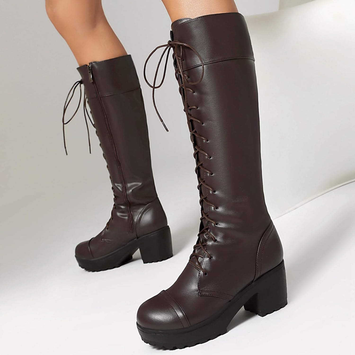 Women's Knee High Boots Block Heel Biker Boots with Lace up and Side Zipper Closure, Elevate Your Office & Party Outfits