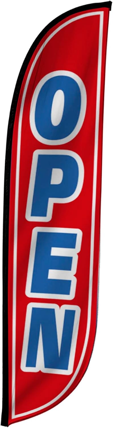 LookOurWay Feather Flag Banner - 12 Feet Tall Advertising Sign Swooper Flag Only, No Poles - Grand Opening Flags - Open Red & Blue (10M1200106)