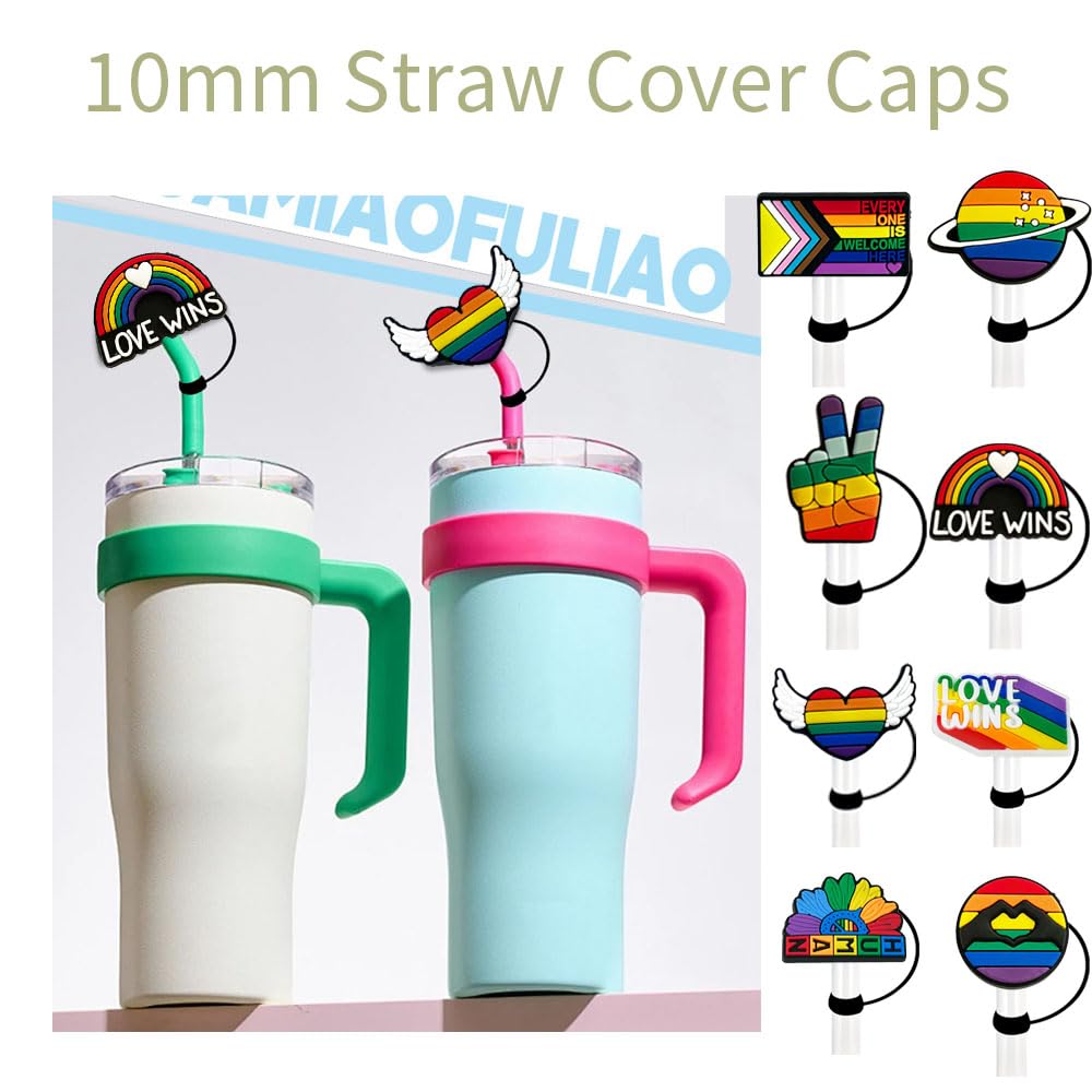 8 tapas de popote arcoíris de 10 mm, fundas de silicona para vasos, reutilizables, para popote, 30 y 40 onzas, protector de pajilla para cumpleaños, día del orgullo, suministros de fiesta LGBT,