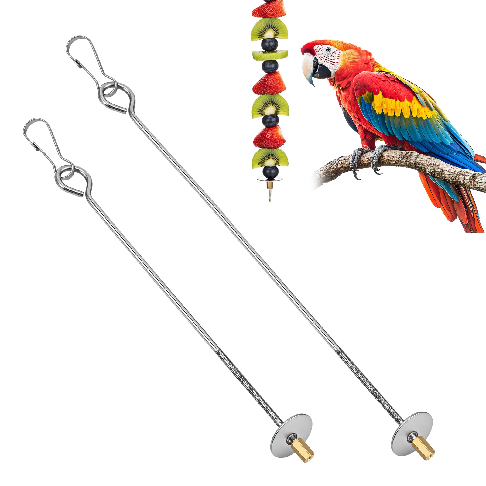 2Pcs Bird Cage Food Holders Bird Skewer Food Holder Stainless Steel Parrot Millet Fruit Vegetable Stick Holder with Hook Hanging Birds Treats Skewer Foraging Toys