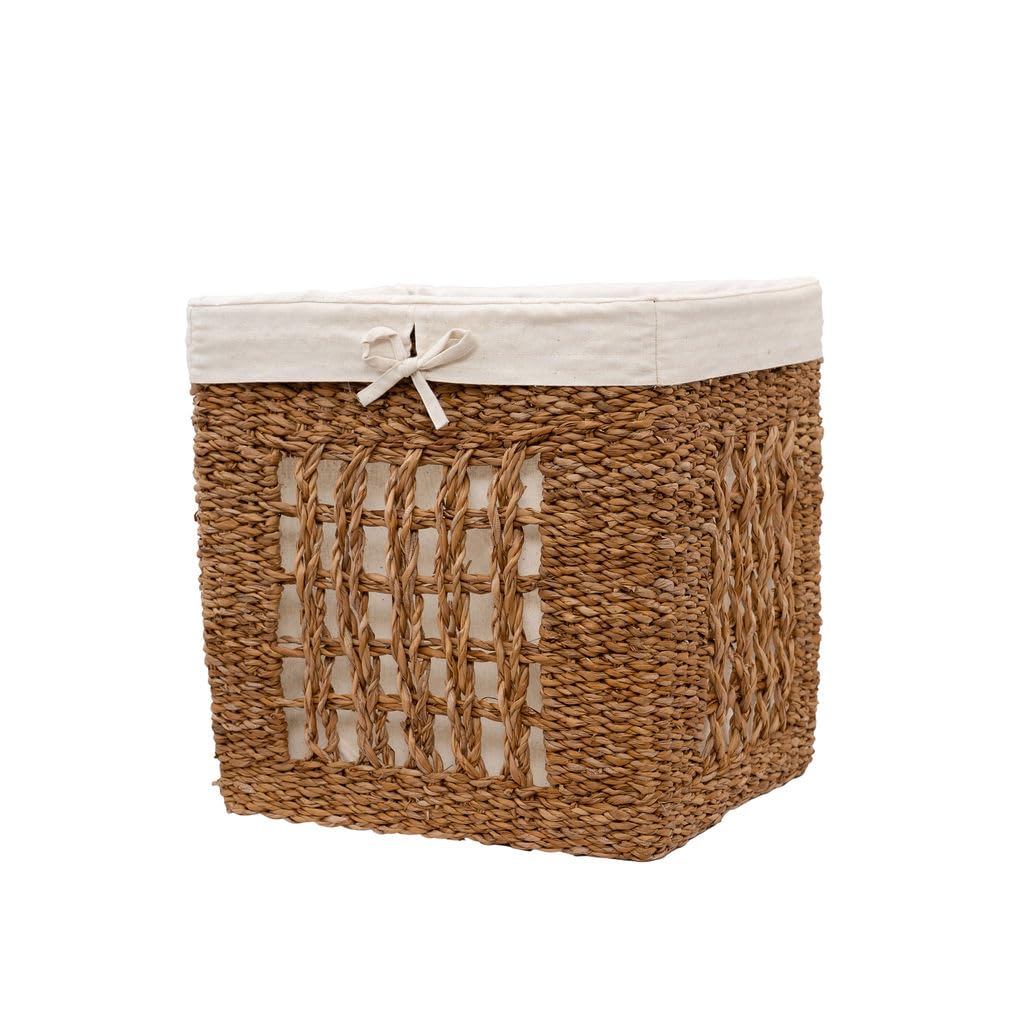 Arthur Cameron Natural – Balu Seagrass Organiser Basket – Artisanal Woven Storage Basket With Removable Cotton Lining, Handcrafted Rectangular Storage For Shelves, Cupboards & Home Organisation (Medium)