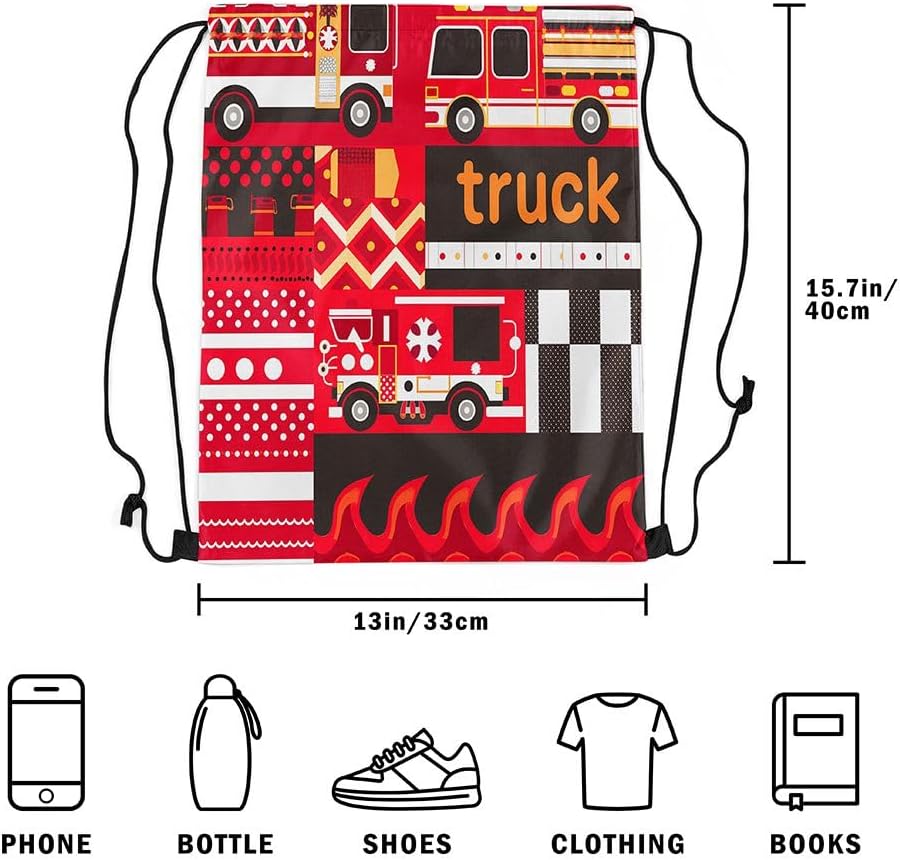 Feelyou Fire Truck Gym String Bag 13"x15.7" Car Drawstring Backpack Firefighter Firemen Car Vehicle Drawstring Bags Set Red Black Waterproof Cinch Bag image 5