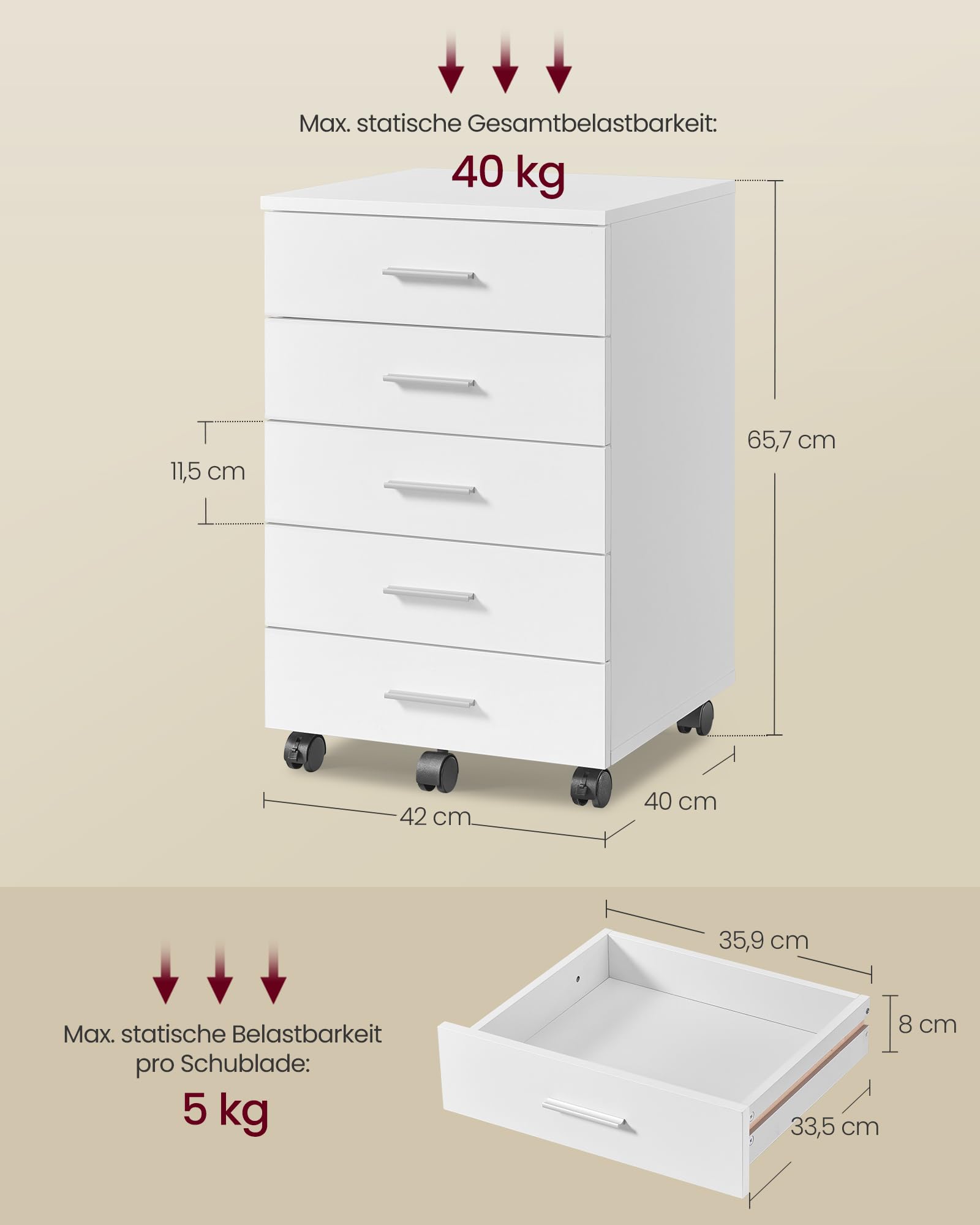 VASAGLE Custos Kollektion - Rollcontainer, mobiler Aktenschrank, Schubladenschrank, Druckerständer mit 5 Schubladen, mit schraubenlosen Gleitschienen, für Büro, Homeoffice, wolkenweiß OFC081W01V1