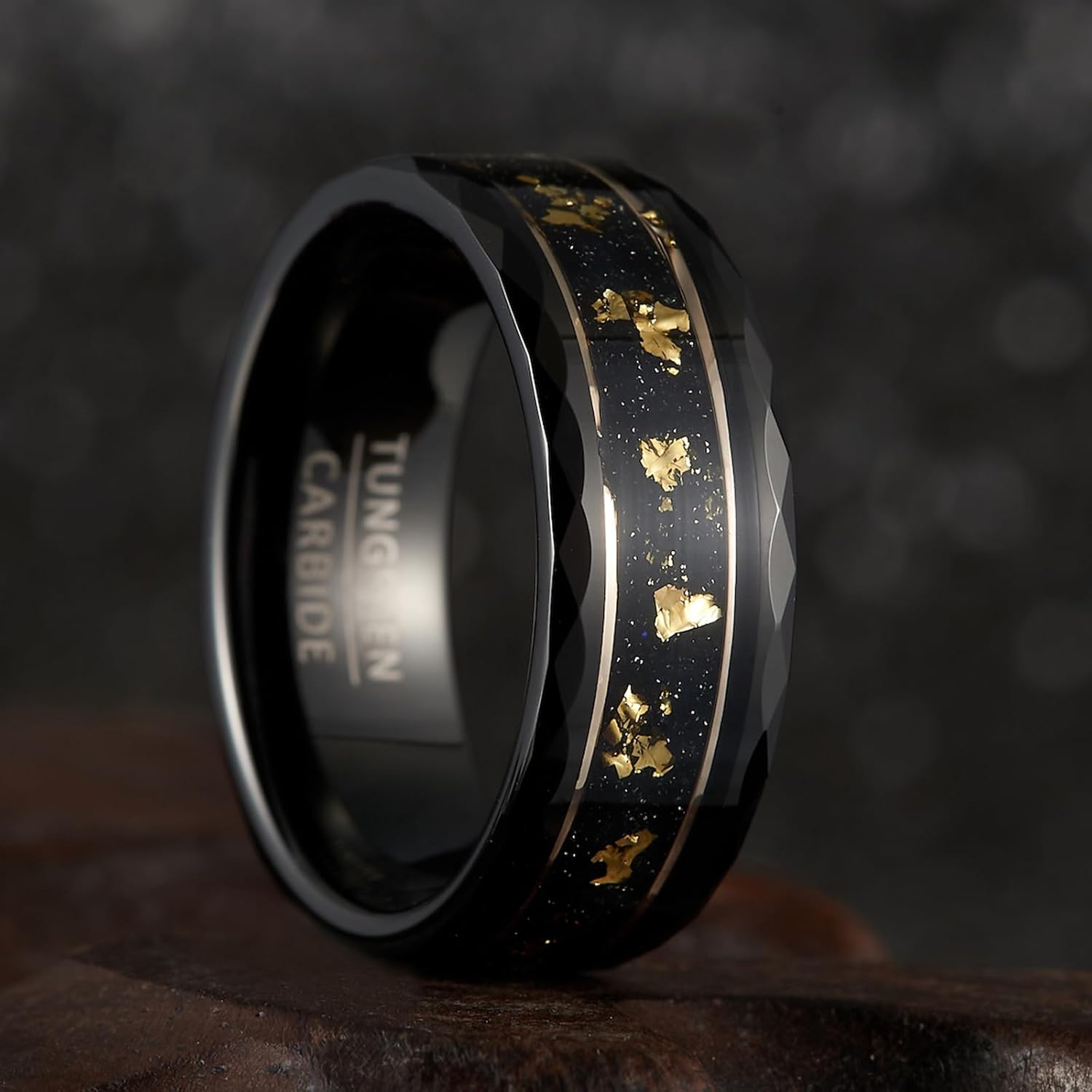 8mm Tungsten Wedding Band, Gallery Inlay with Gold Leaf on Sand Texture, Geometric Cut Sides - Image 2