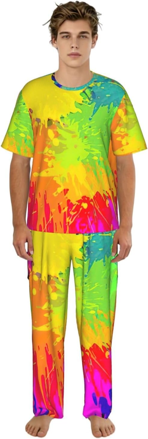 Men'S 2 Piece Loungewear Pajama Set Colorful Splash Print Short Sleeve Tee Top And Pants Set S-3xl