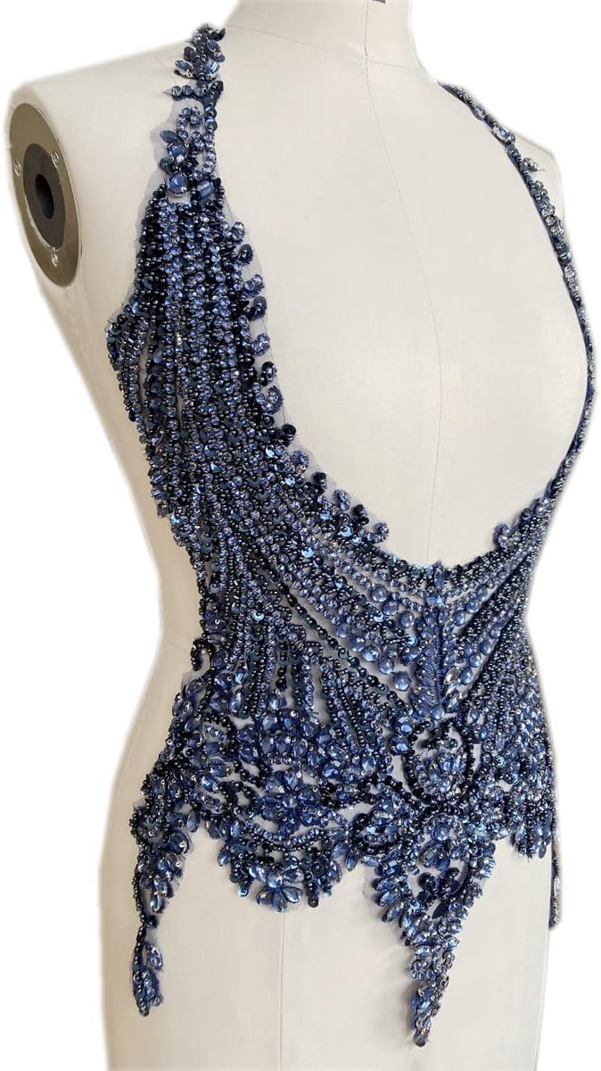 Handmade 16 Colour Rhinestones lace Bodice Applique sew on Beads Sequins Trimming Patches for Dress Clothing Accessories (Deepblue)