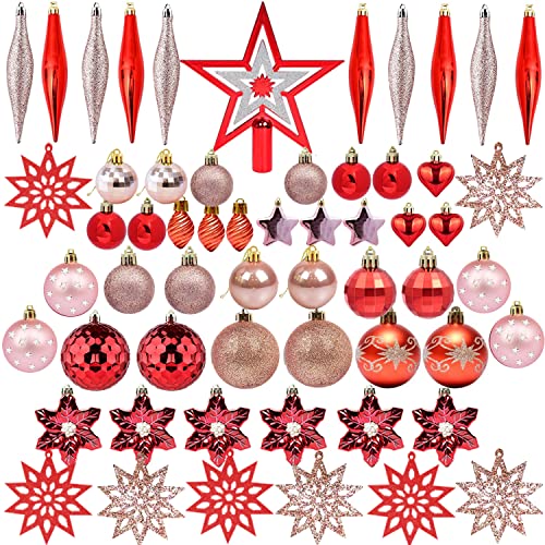 Weihnachtsbaumschmuck-Set, 58Stück Rosa und Weiß Weihnachtskugeln Baumschmuck mit Stern Baumspitze für Weihnachten Cover