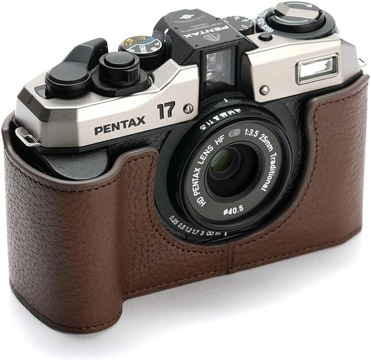 for Pentax 17 Case, Handmade Genuine Real Leather Half Camera Case Bag Cover for Pentax 17 Film Camera With Hand Strap (Coffee)