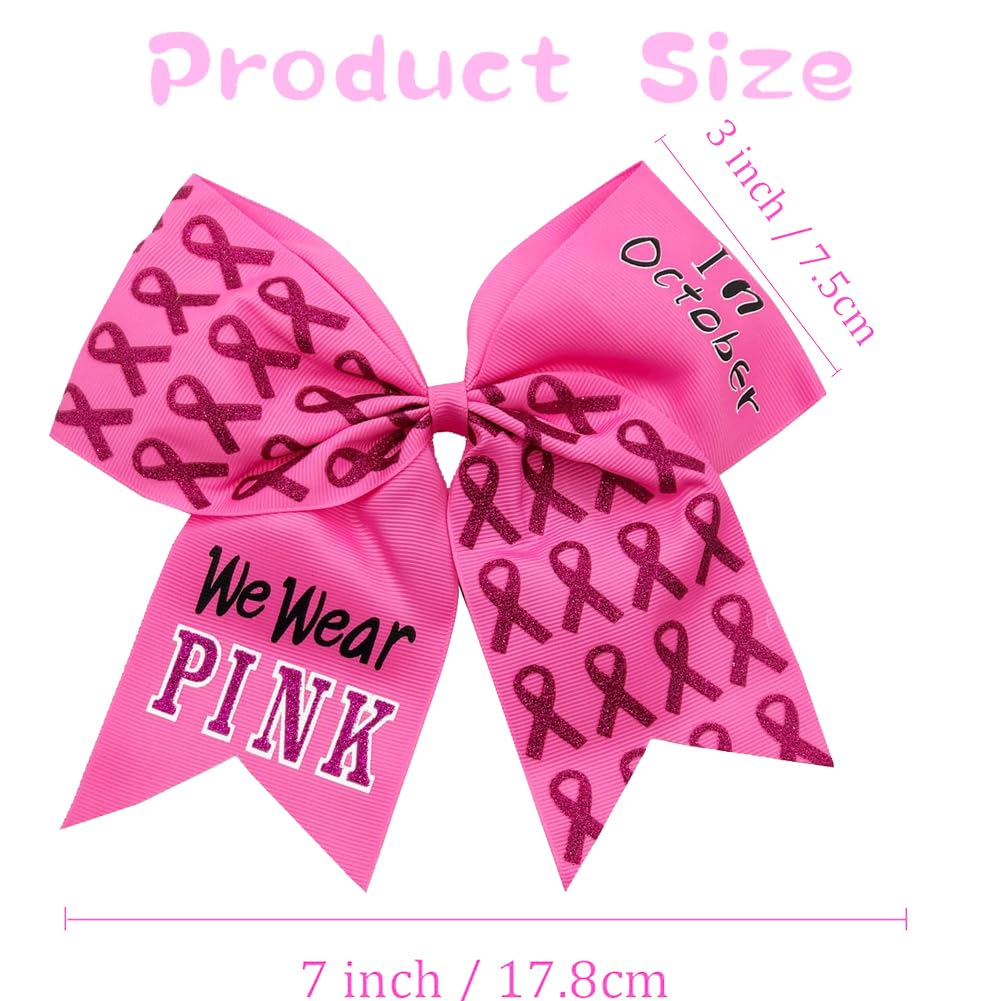 16 Pieces 7 Inch Breast Cancer Awareness Cheer Hair Bows Ponytail Holder Large Glitter Pink Ribbon Hair Bows Accessories Elastic Band Handmade for Teens Women