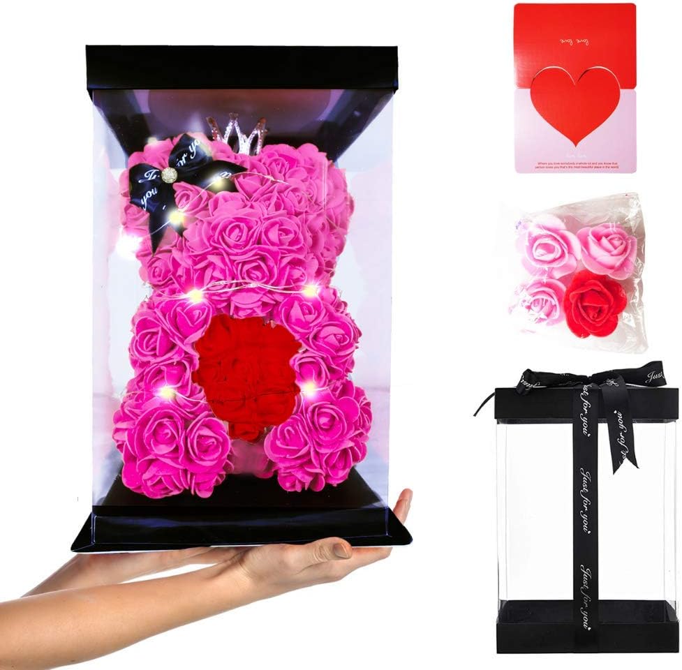 ABOUND LIFESTYLE Luxury Rose Teddy Bear in a Gift Box - Made of Forever Rose Flower (10" Flower Bear with Chic Design+Decorative Light+Fully Assembled Gift Box+Card)… (Pink)