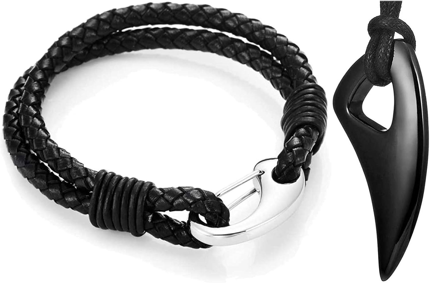 Urban Jewelry Mens Black Leather and Stainless Steel Bracelet and Spear Pendant Chain Bundle