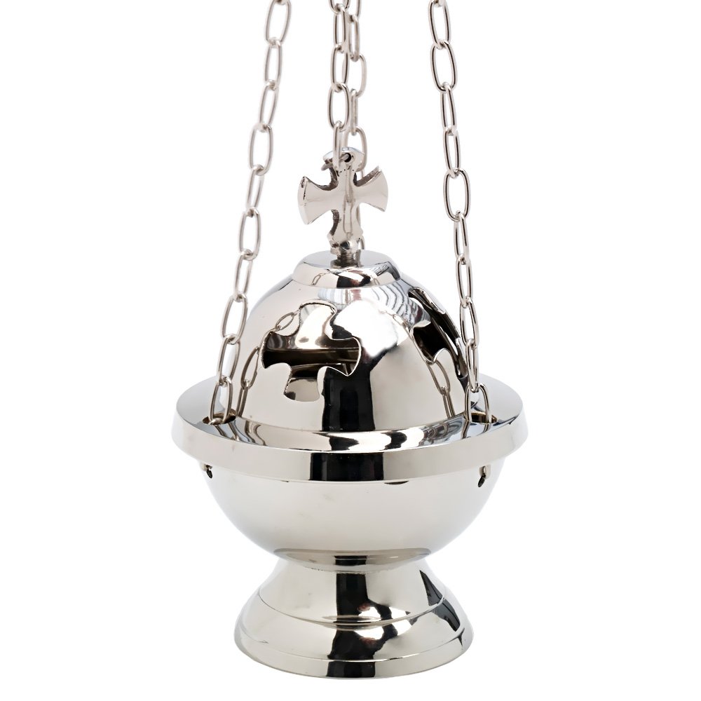 NKlaus Incense burner with cross chain 80cm nickel plated brass incense burner 7617