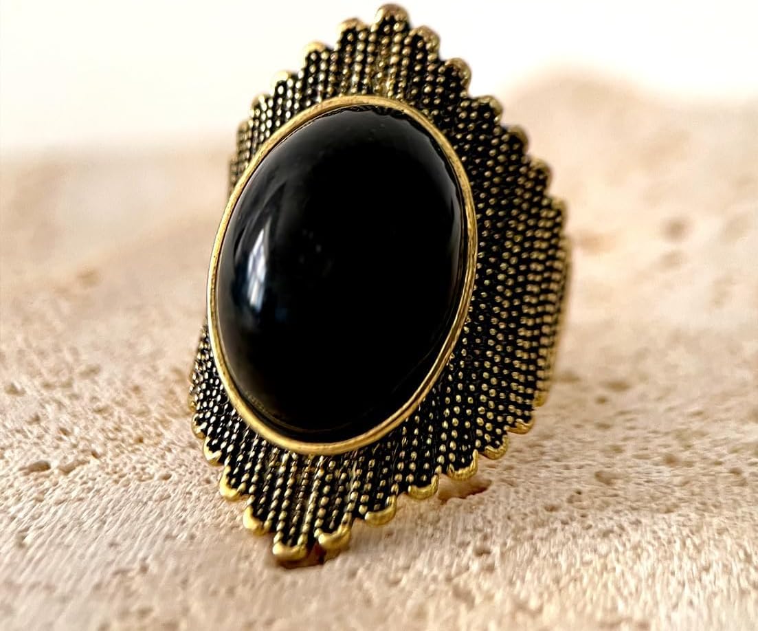 HAIXIAN Gold Oval Black Obsidian Stone Wide Band Ring for Women,Retro14K Yellow Gold Plated Gemstone Crystal Turkish Full Finger Band Ring,Antique Cocktail Party Turkey Index Finger Band Ring Jewelry Gift for Women Her - Image 5