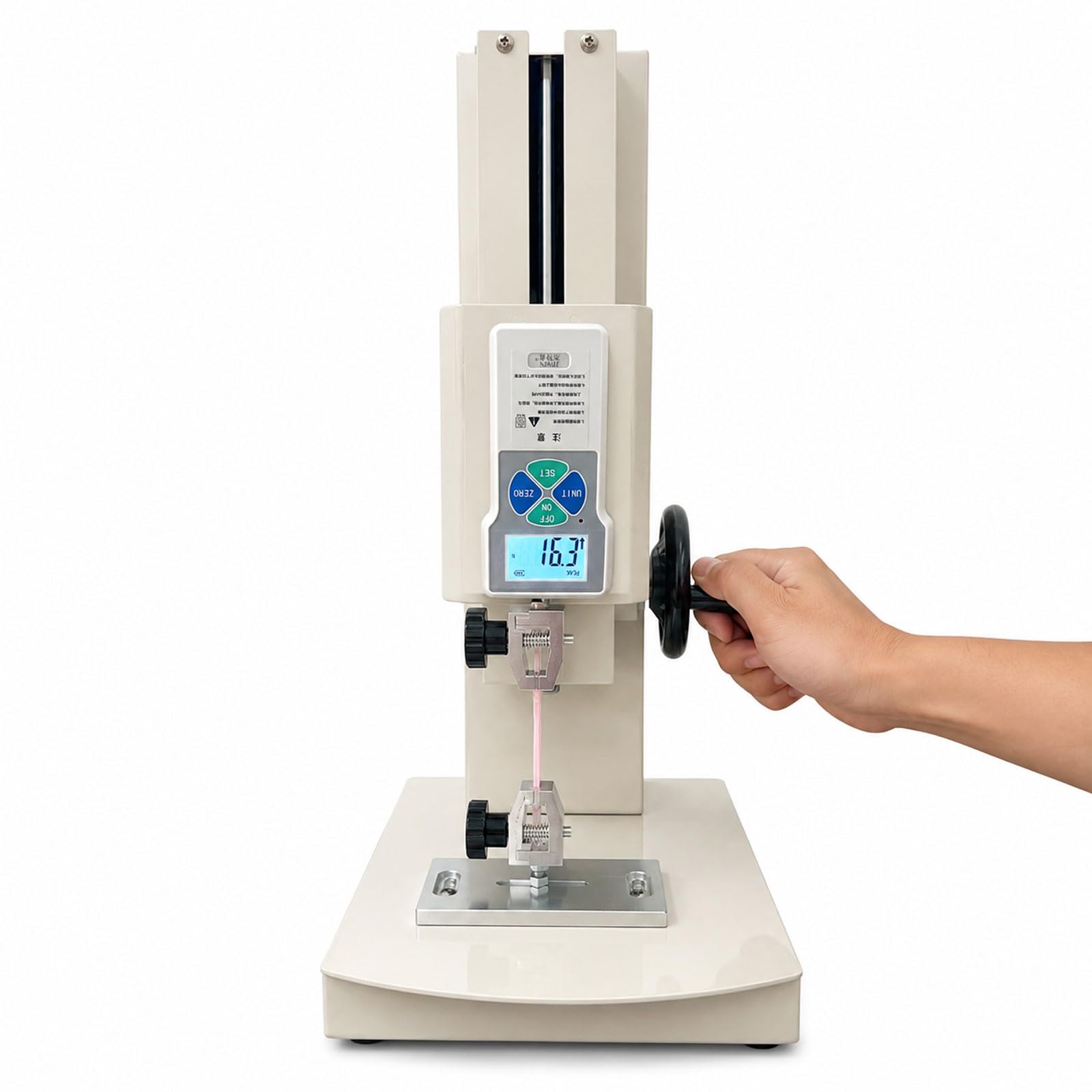 Misuratore di Forza Digitale 10n-500n con Banco Prova, Display LCD, Comando Volano, Corsa 300mm, 5 Sonde & 2 Morsetti per Prove di Trazione, Compressione, Pelatura E Lacerazione 300N