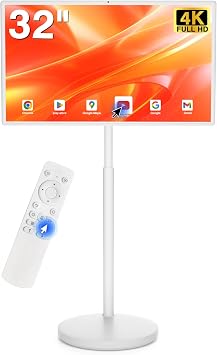 32-Inch Portable Smart Tablet, Portable TV on Wheels with 4K Camera, 8G RAM+128G Storage, Android 13 OS, Built-in BatteryUp to 8H, Full Swivel Rotation, Voice Remote ControlWhite