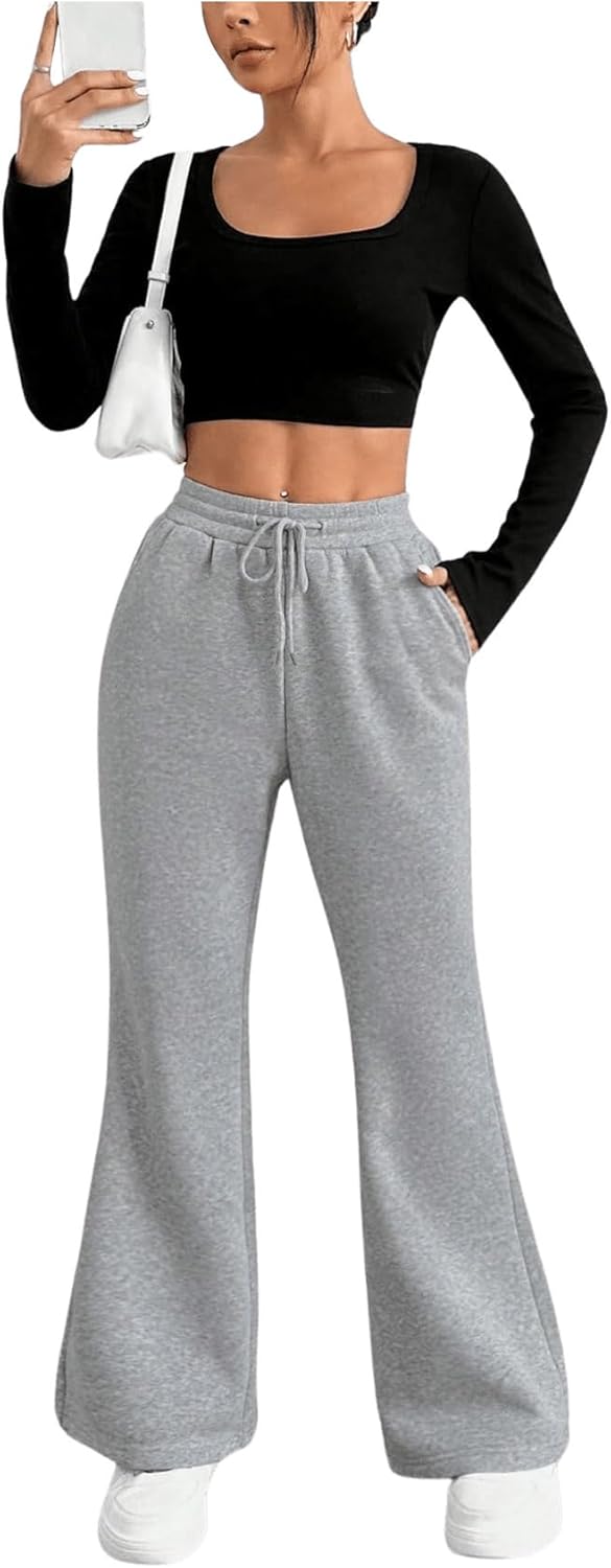 SweatyRocks Women's High Waisted Drawstring Waist Wide Leg Sweatpants Casual Lounge Pants with Pockets