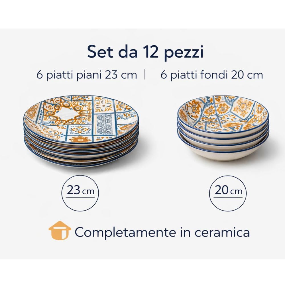 Servizio Piatti 12 Pezzi in Ceramica – Linea Maiolica Azzurra e Arancio –– Set Tavola Elegante e Resistente