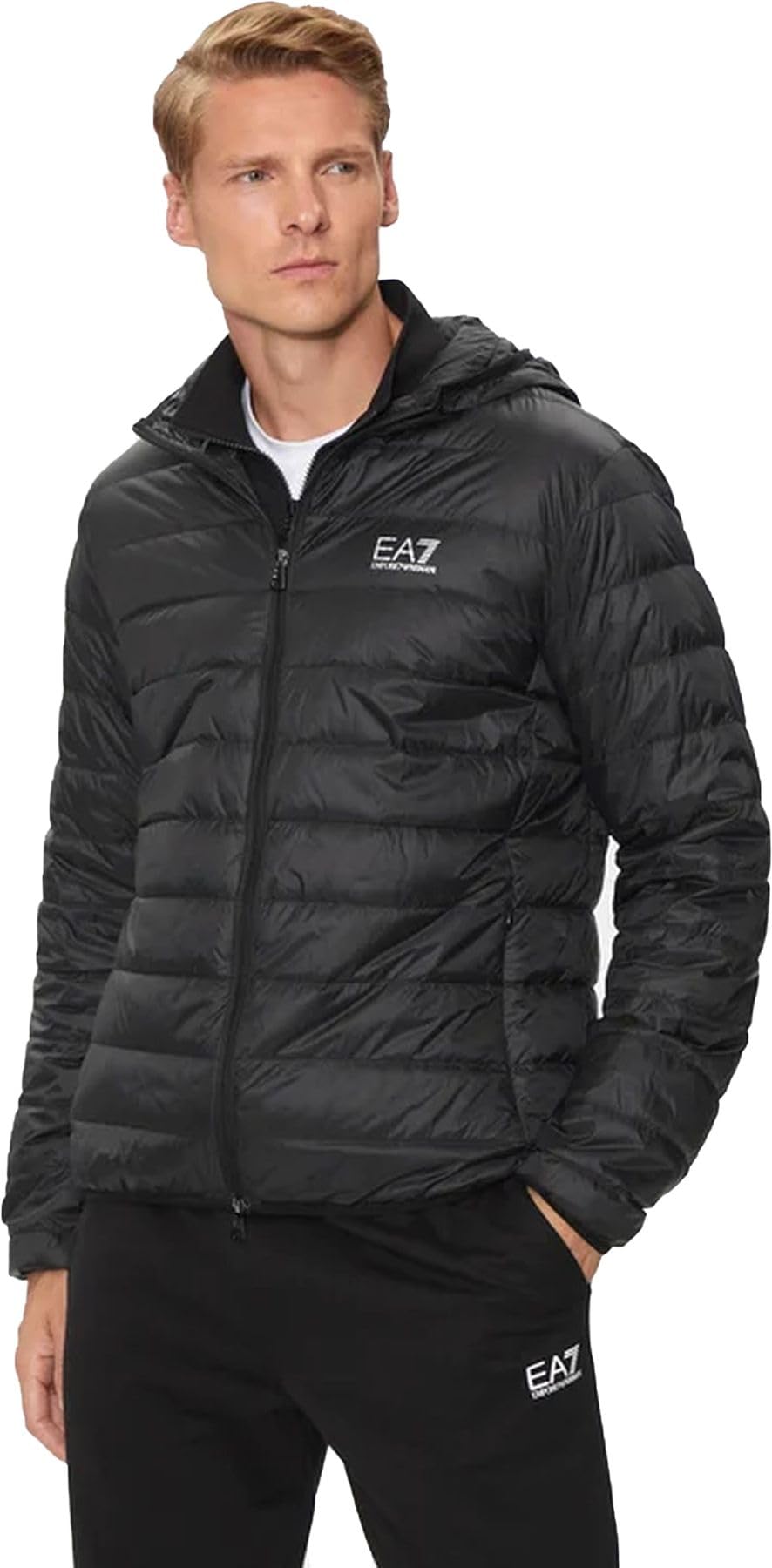 Ea7 Men's Black/Silver Woven Down Jacket, Xxl