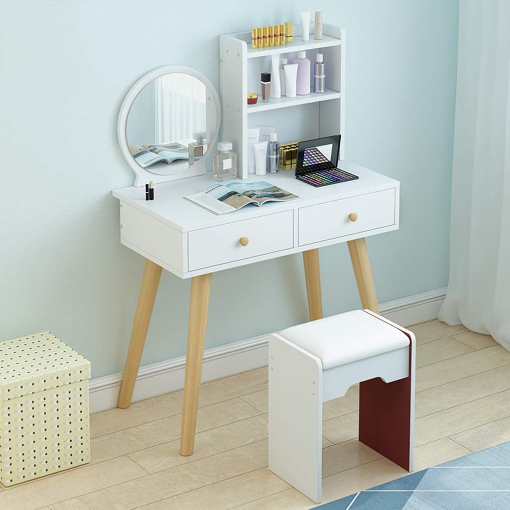 Kaptafel,Wit met spiegel en kruk, moderne make-up tafel ijdelheid met lade, eenvoudig te monteren voor meisjes slaapkamer Niture,80Cm