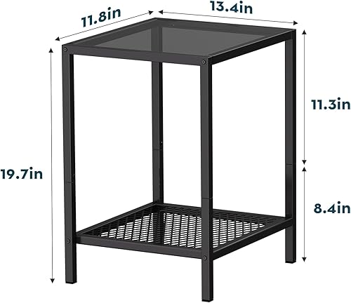 Miniatura 2 de SAYGOER Mesa auxiliar negra pequeña de vidrio de 2 niveles, mesas auxiliares cuadradas estrechas para cama, 13.4 x 11.8 x 19.7 pulgadas, sofá 2-Mesa
