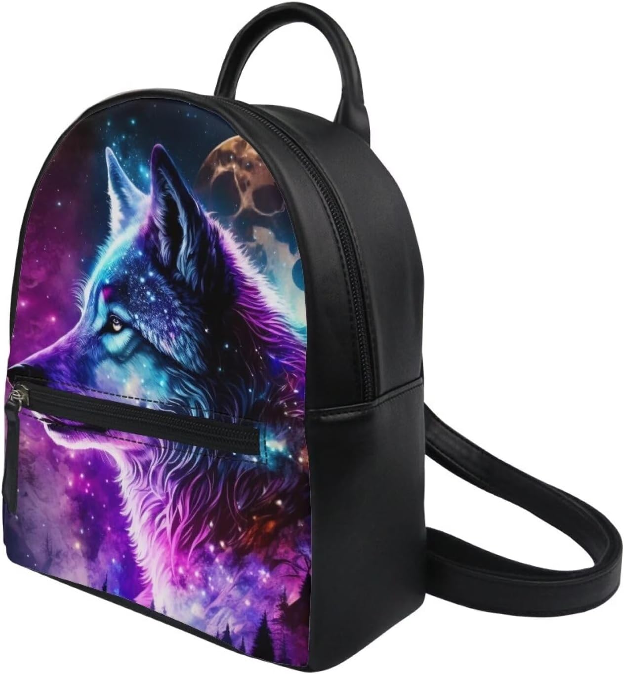 ZOUTAIRONG Galaxy Wolf Mini Backpack for Women Small Backpacks Purse Rucksack Kids Small Shoulder Bag Travel Storage Bag Pouch Moon Night Purple Star Space